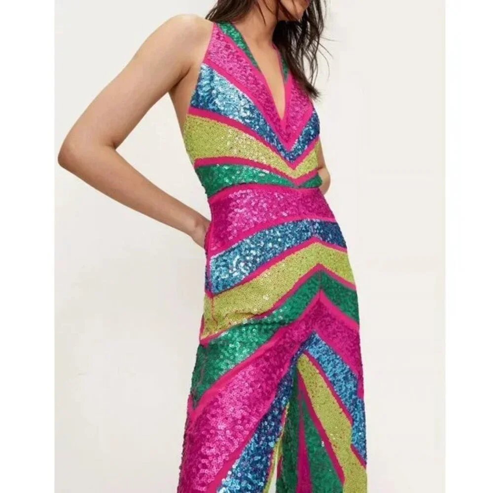💋RETRO GLAM!💋 STUDIO 54 Halter Cut Out Wide-leg Jumpsuit in Stripe Sequin - Picture 4 of 15